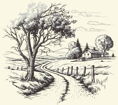 Kırsal kesimlerde, yol oymacılığı çizim stili resimli bir ev. Eski tarz. Vektör biçimi