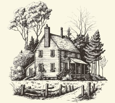 Kırsal kesimlerde, yol oymacılığı çizim stili resimli bir ev. Eski tarz. Vektör biçimi