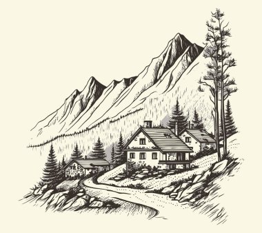 Kırsal kesimlerde, yol oymacılığı çizim stili resimli bir ev. Eski tarz. Vektör biçimi