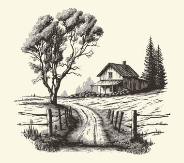 Kırsal kesimlerde, yol oymacılığı çizim stili resimli bir ev. Eski tarz. Vektör biçimi