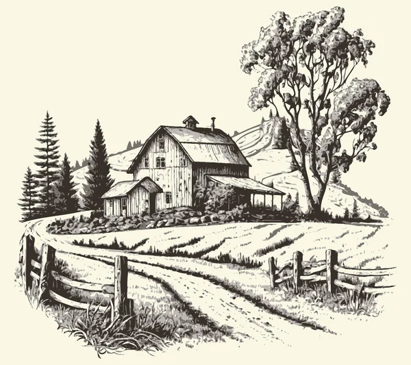 Kırsal kesimlerde, yol oymacılığı çizim stili resimli bir ev. Eski tarz. Vektör biçimi