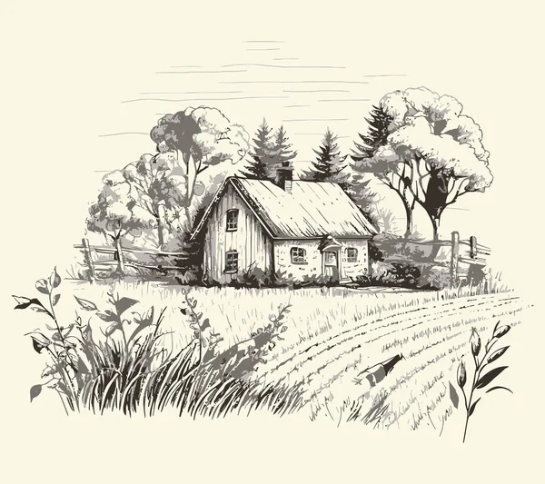 House Countryside Road Engraving Sketch Style Illustration Vintage Style Vector — Stock Vector