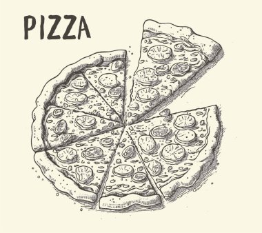 Isolated Detail Vintage Hand Drawn Food Sketch Illustration of Pizza. Engraving style.