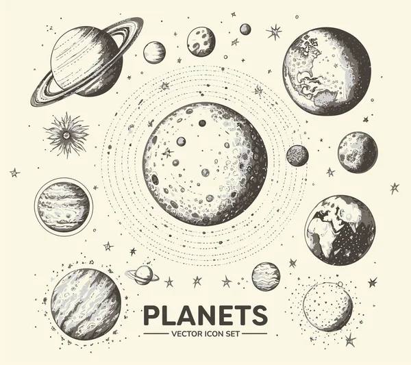Sada Vesmírných Objektů Planety Hvězdy Ručně Kreslený Vektor — Stockový vektor