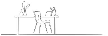 Masaüstü ve sandalyeli ofis masası aralıksız bir çizgi çiziyor. Vektör illüstrasyonu