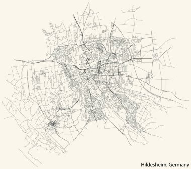 Alman bölgesel başkenti HILDESHEIM, GERMANY 'nin klasik bej arka plan üzerindeki kentsel sokak haritasının ayrıntılı navigasyon siyah hatları