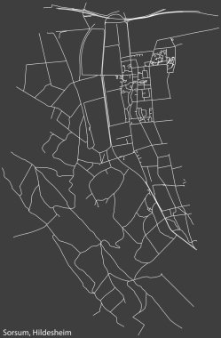 Almanya 'nın başkenti Hildesheim' ın SORSUM MUNICIPALITY şehir haritasının beyaz çizgileri koyu gri arka planda ayrıntılı olarak çizildi