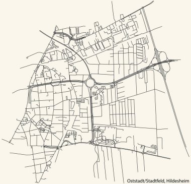 Almanya 'nın başkenti Hildesheim' ın OSTADT-STADTFELD MÜZİPALİTESİ kentsel yol haritasının ayrıntılı navigasyon kara hatları