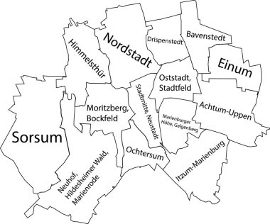 Beyaz düz vektör idari haritası HILDESHEIM, GERMANY Belediyelerinin isim etiketleri ve siyah sınır çizgileriyle