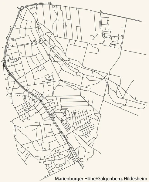 stock vector Detailed navigation black lines urban street roads map of the MARIENBURGER HHE-GALGENBERG MUNICIPALITY of the German regional capital city of Hildesheim, Germany on vintage beige background