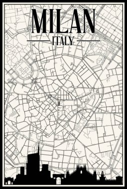 MILAN şehir merkezinin beyaz, eski el yazması sokak haritası, kahverengi renklendirilmiş şehir silueti ve harfleriyle İtalya