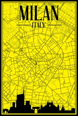 MILAN şehir merkezinin el yazısıyla çizilmiş sarı renkli sokak haritası, kahverengi renklendirilmiş şehir silueti ve harfleriyle İtalya