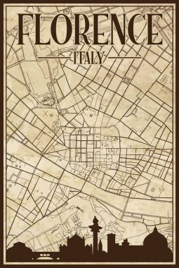 Kahverengi renkli el yazması sokak haritası FLORENCE şehir merkezi, İtalya kahverengi renklendirilmiş şehir silueti ve harfleri ile