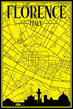 FLORENCE şehir merkezinin el yazısıyla çizilmiş sarı renkli sokak haritası, kahverengi renklendirilmiş şehir silueti ve harfleriyle İtalya
