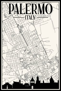 Beyaz, PALERMO şehir merkezinin el yazması sokak haritası, kahverengi renklendirilmiş şehir silueti ve harfleriyle İtalya
