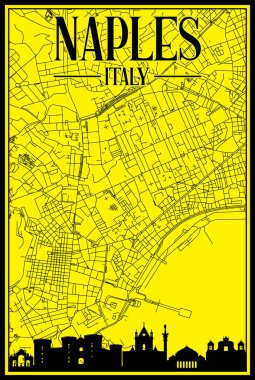 Sarı renkli el yazması sokak haritası şehir merkezinin NAPLES, ITALY kahverengi renklendirilmiş şehir silueti ve harfleri