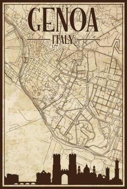 Kahverengi renkli el yazması sokak haritası GENOA şehir merkezinin ağ haritası, kahverengi renklendirilmiş şehir silueti ve harfleri