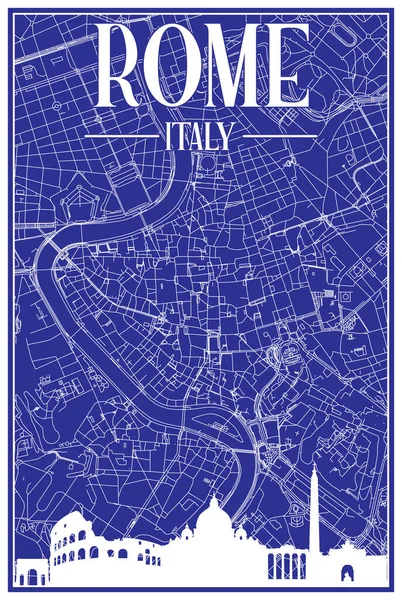 Синяя Винтажная Распечатанная Вручную Карта Улиц Центра Рима Италии Коричневой — стоковый вектор
