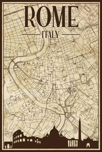 茶色のヴィンテージ手描きの印刷街のネットワークマップローマ イタリア茶色のハイライト都市のスカイラインとレタリングと — ストックベクタ