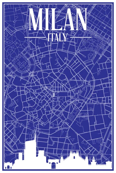 Blue Vintage Hand Drawn Printout Streets Network Map Downtown Milan —  Vetores de Stock