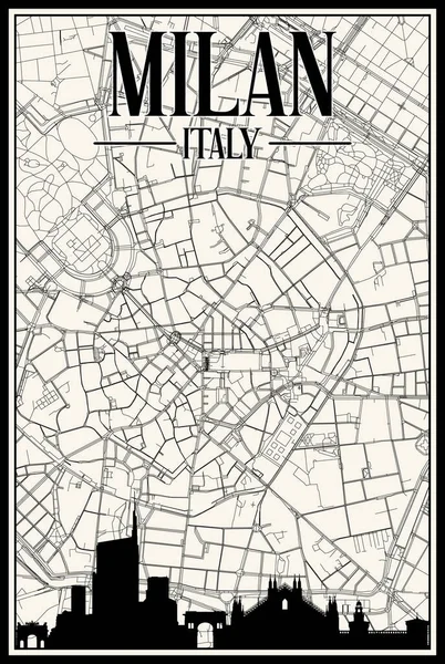 Mappa Della Rete Stradale Bianca Disegnata Mano Del Centro Milano — Vettoriale Stock