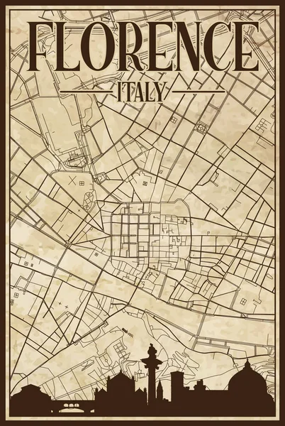 茶色のヴィンテージ手描きの印刷通りのネットワークマップダウンタウンフィレンツェ イタリア茶色のハイライト都市スカイラインとレタリングと — ストックベクタ