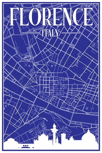 蓝色复古手工绘制的佛罗伦萨市中心街道网络图 意大利式 带有棕色突出的城市天际线和字体 — 图库矢量图片