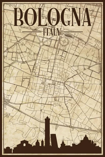 棕色古色古香的手工绘制的市中心城市街道网络图 意大利有棕色突出的城市天际线和字体 — 图库矢量图片