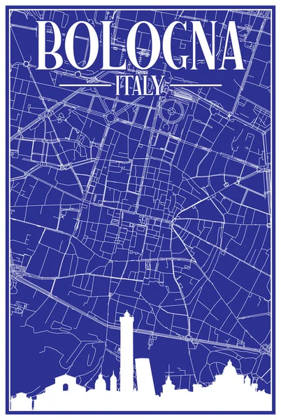 城市中心地带的蓝色复古手绘街道网络图 意大利式 带有棕色突出的城市天际线和字体 — 图库矢量图片