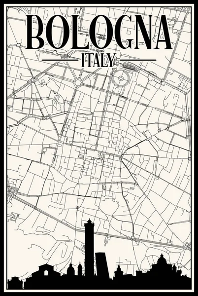 White Vintage Hand Drawn Printout Streets Network Map Downtown Bologna — Vetor de Stock
