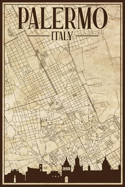 茶色のヴィンテージ手描きの印刷通りのネットワークマップダウンタウンPalermo イタリア茶色のハイライト都市のスカイラインとレタリングと — ストックベクタ
