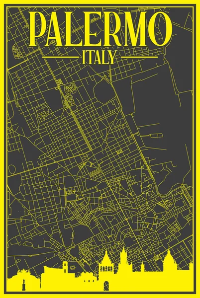 Zwarte Gele Vintage Handgetekende Printstraten Netwerkkaart Van Binnenstad Palermo Italië — Stockvector