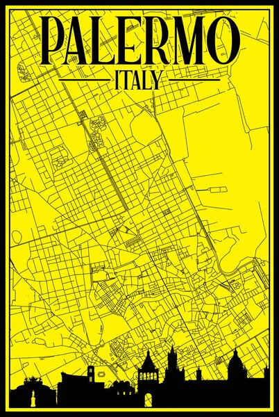 茶色のハイライトされた都市のスカイラインとレタリングを持つイタリアのダウンタウンPalermoの黄色のヴィンテージ手描きのプリントアウトストリートネットワークマップ — ストックベクタ
