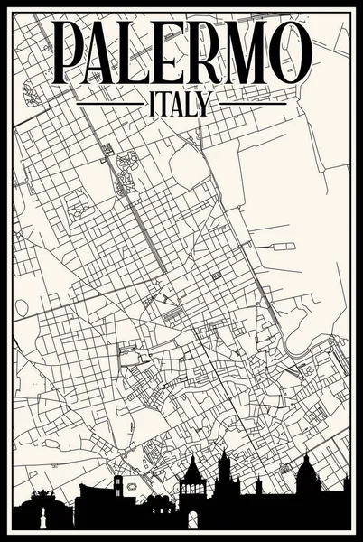 茶色のハイライトされた都市のスカイラインとレタリングを持つイタリアのダウンタウンPalermoの白いヴィンテージ手描きのプリントアウトストリートネットワークマップ — ストックベクタ