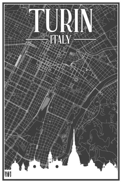茶色のハイライトされた都市のスカイラインとレタリングを持つイタリアのダウンタウンのTurinの黒ヴィンテージ手描きの印刷通りのネットワークマップ — ストックベクタ