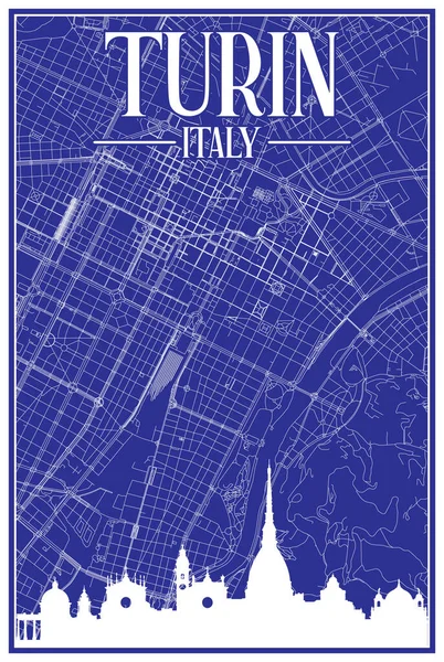 茶色のハイライトされた都市のスカイラインとレタリングを持つイタリアのダウンタウンのTurinの青ヴィンテージ手描きの印刷通りのネットワークマップ — ストックベクタ