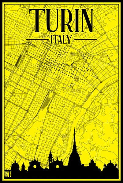 茶色のハイライトされた都市のスカイラインとレタリングを持つイタリアのダウンタウンのTurinの黄色のヴィンテージ手描きの印刷通りのネットワークマップ — ストックベクタ
