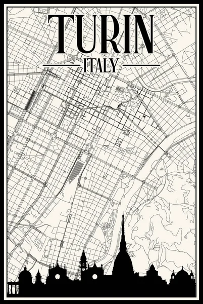 茶色のハイライトされた都市のスカイラインとレタリングを持つイタリアのダウンタウンのTurinの白いヴィンテージ手描きの印刷通りのネットワークマップ — ストックベクタ