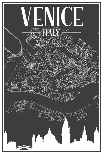 Czarny Vintage Ręcznie Rysowane Ulice Wydruku Mapa Sieci Śródmieścia Venice — Wektor stockowy