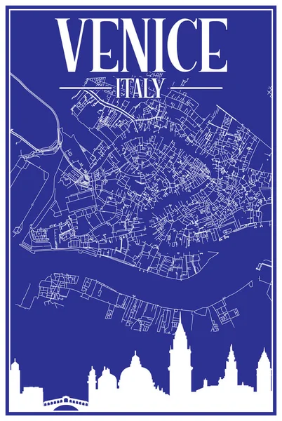 Niebieski Vintage Ręcznie Rysowane Ulice Wydruku Mapa Sieci Śródmieścia Venice — Wektor stockowy