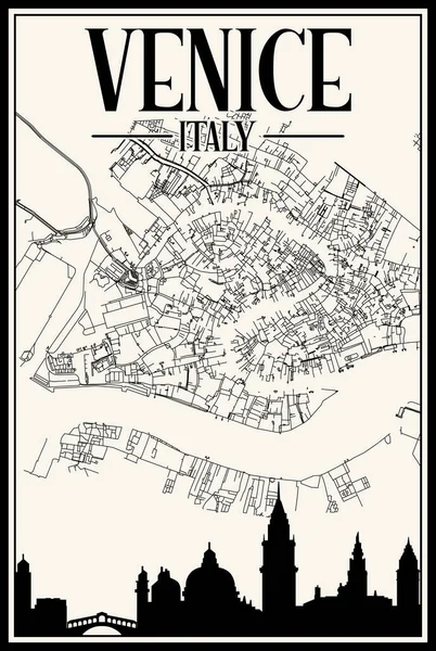 威尼斯市中心的白色复古手绘街道网络图 意大利式 带有棕色突出的城市天际线和字体 — 图库矢量图片