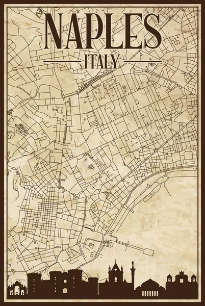 Brown Vintage Hand Drawn Printout Streets Network Map Downtown Naples —  Vetores de Stock