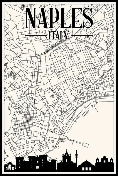 stock vector White vintage hand-drawn printout streets network map of the downtown NAPLES, ITALY with brown highlighted city skyline and lettering