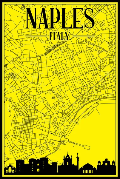 Yellow Vintage Hand Drawn Printout Streets Network Map Downtown Naples — Stock Vector