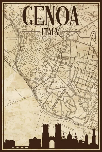 茶色のヴィンテージ手描きの印刷街のネットワークマップGenoa イタリア茶色のハイライト都市のスカイラインとレタリングと — ストックベクタ