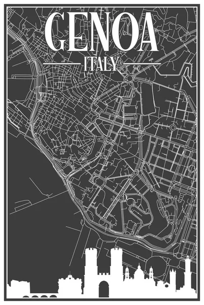 黒のヴィンテージ手描きの印刷通りのネットワークマップダウンタウンGenoa イタリア茶色のハイライト都市スカイラインとレタリングと — ストックベクタ