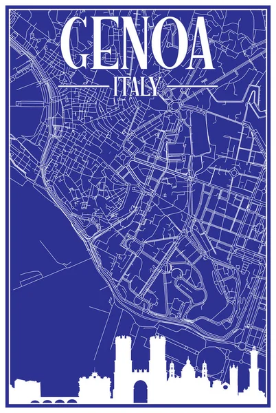 茶色のハイライトされた都市のスカイラインとレタリングを持つイタリアのダウンタウンGenoaの青ヴィンテージ手描きの印刷通りのネットワークマップ — ストックベクタ