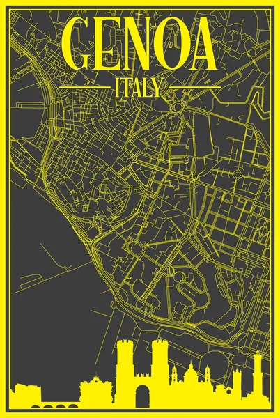 黒と黄色のヴィンテージ手描きの印刷通りのネットワークマップダウンタウンGenoa イタリア茶色のハイライト都市のスカイラインとレタリングと — ストックベクタ