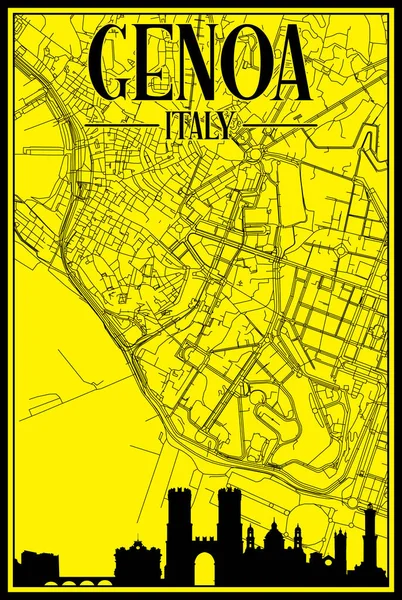 茶色のハイライトされた都市のスカイラインとレタリングを持つイタリアのダウンタウンGenoaの黄色のヴィンテージ手描きの印刷通りのネットワークマップ — ストックベクタ