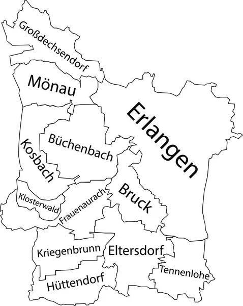 Біла Плоска Векторна Адміністративна Карта Erlangen Germany Іменними Мітками Чорними — стоковий вектор